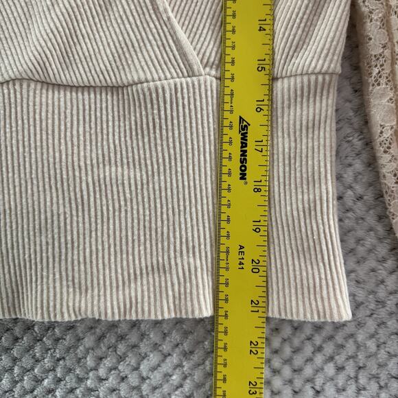 Anthropologie Sweater Womens XS Cream Rib Knit Lace Bishop Long Sleeve Surplice - Picture 10 of 15